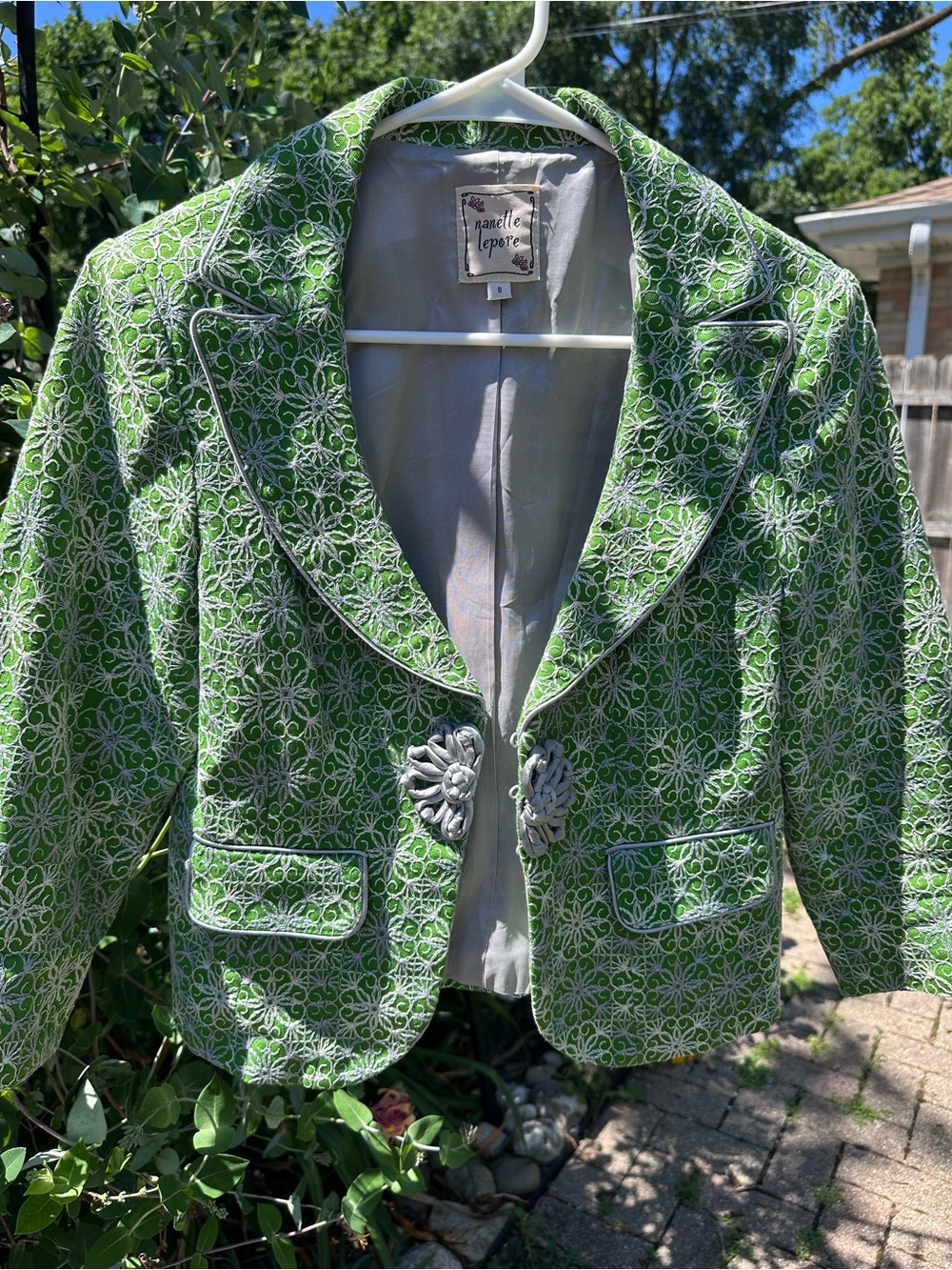 Nanette Lepore Green with Grey Embroidered Cropped Blazer with Rosette Closures